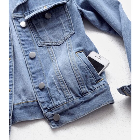 Women's Jean Jacket Distressed Ripped Denim Jacket Coat with Pockets Light Blue - Picture 6 of 6
